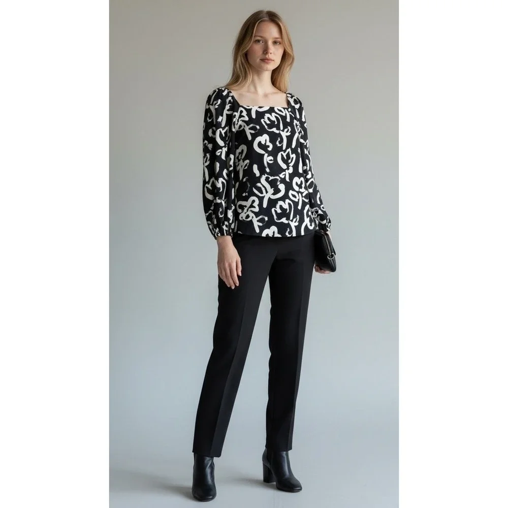 J Crew 365 Shirt Women 4 Navy Blue Square Neck Floral Print Blouse Preppy Retro